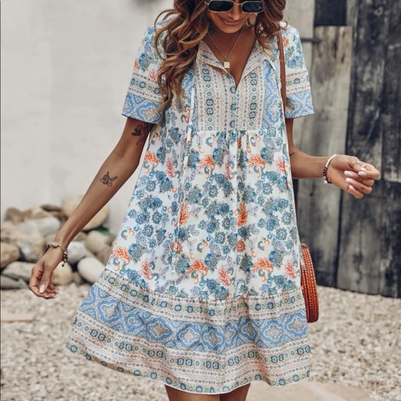 Boho floral print tie neck ruffle hem dress - Picture 2 of 5